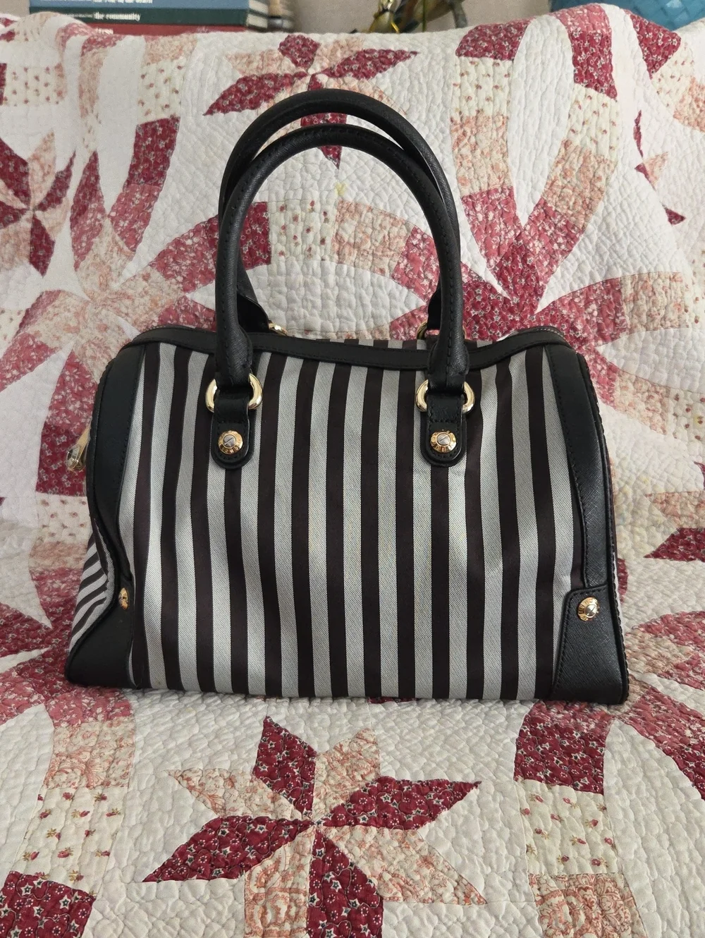 henri bendel Black and Grey Striped Dome Satchel with Gold Hardware